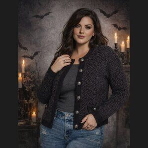 Torrid Skull Button Cardigan Sweater 2X 18 20 Black Chunky Knit Goth Academia